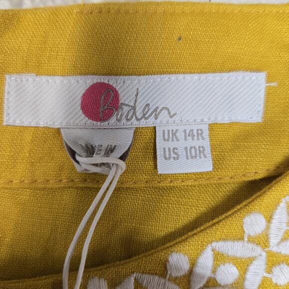 Boden Shift Dress Women 10 NEW 100% Linen Shift Mini Tuscan Yellow Embroidered - Picture 9 of 13